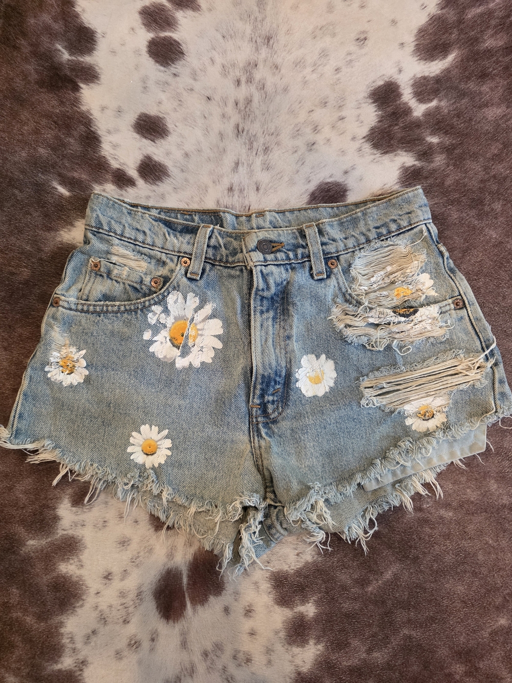 First of a Kind Levi’s 550 Daisy Denim Shorts Distressed Cutoff Upcycled Vintage